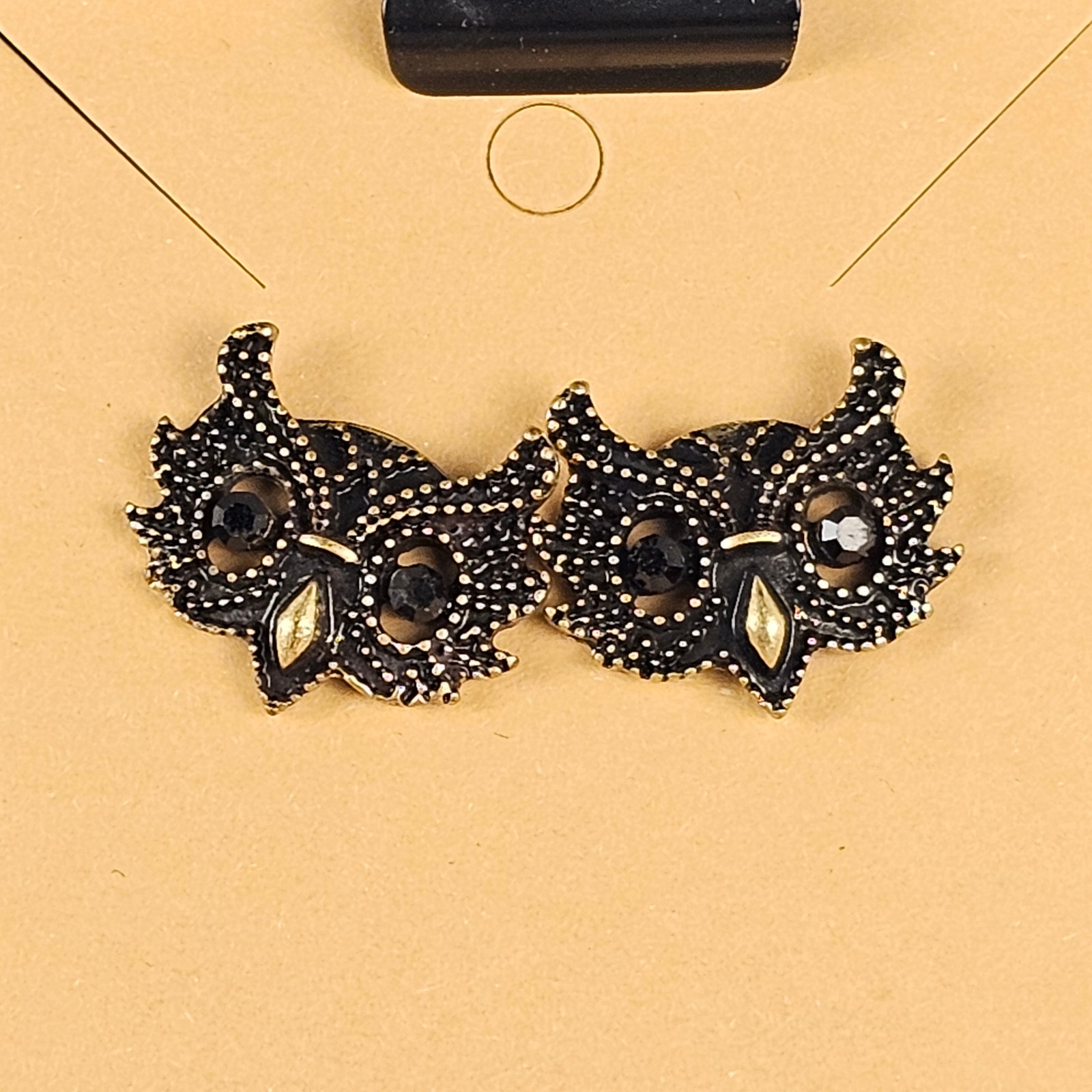 Vintage Black Gold Tone Owl Rhinestone Stud Earrings Retro Costume Jewelry